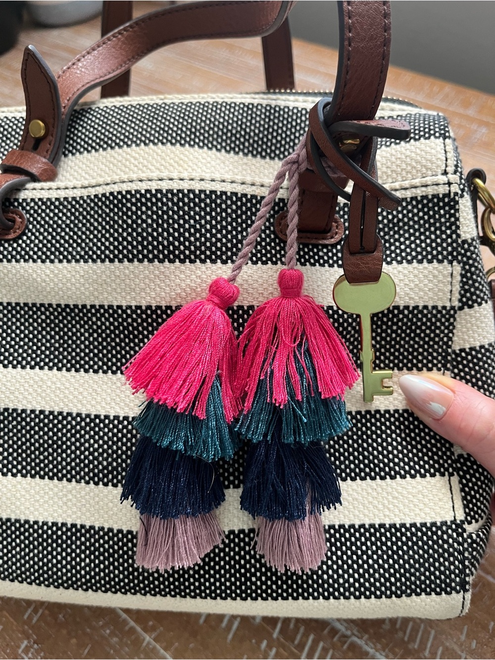 Fossil Black & Cream Striped Crossbody with Multicolor Tassel - Picture 6 of 6